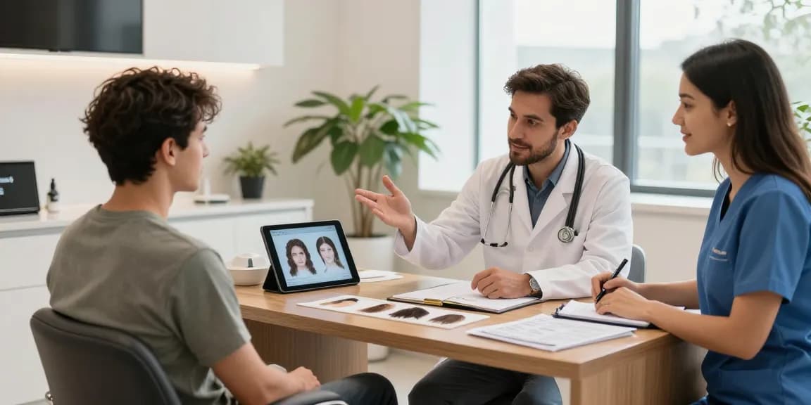 Hair transplant Turkey consultation with dermatologist discussing options in a modern clinic setting