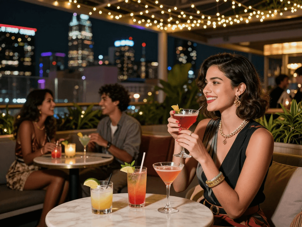 Gái gọi tận hưởng không khí buổi tối sôi động tại quán bar rooftop sang trọng.