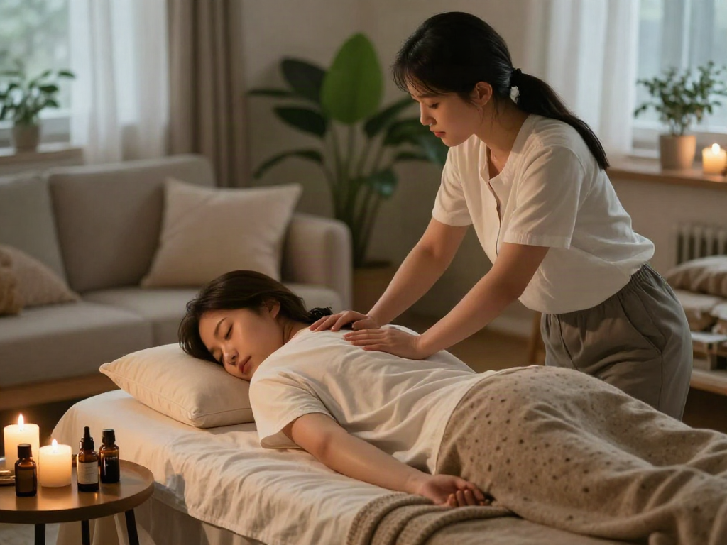Experience a calming 강서구출장마사지 in a serene home setting with soothing ambiance and professional care.