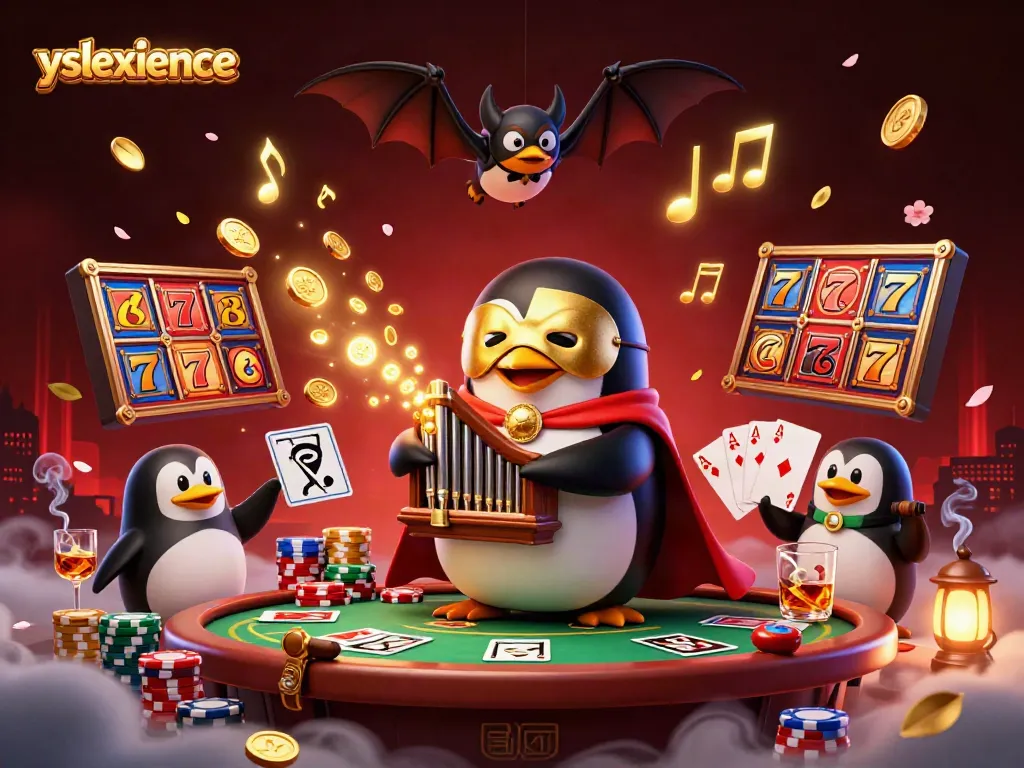 Engage in thrilling gaming action at yslexperience with a dynamic 3D penguin character and vibrant casino elements.