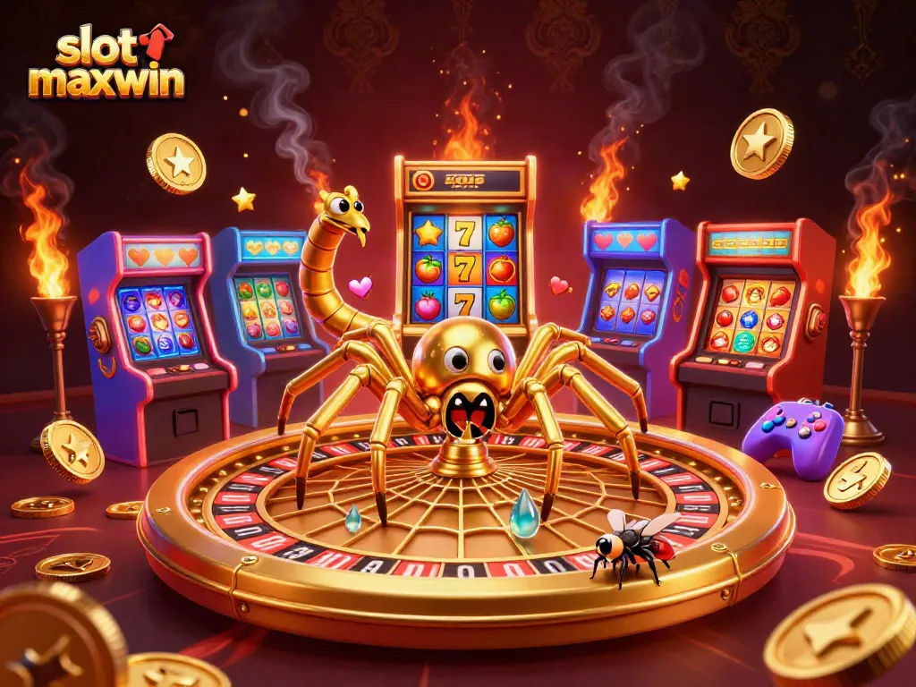 Enjoy slot maxwin excitement with a golden spider's roulette web, animated characters, and vibrant game elements.