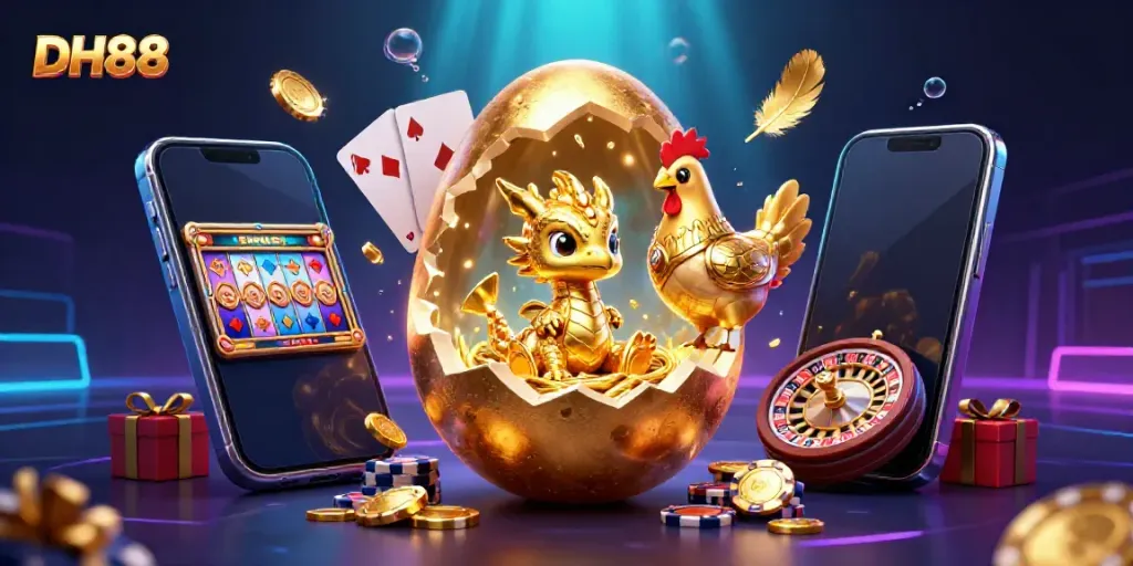 Engage in exciting gaming at DH88 with a stunning illustration of a golden dragon amidst casino elements.