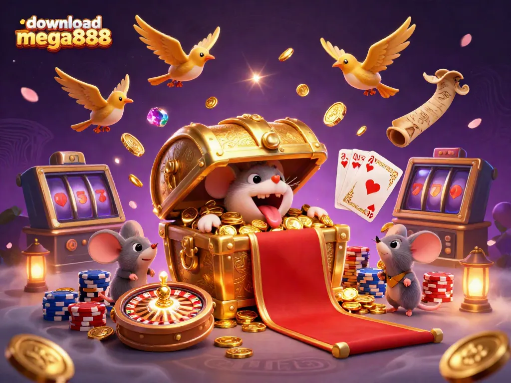 Muat turun mega888 dan nikmati pengalaman permainan kasino dalam gambar yang penuh dengan harta dan simbol keberuntungan.
