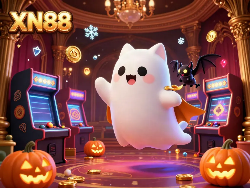Engage in thrilling gameplay with XN88 at a luxurious casino featuring a friendly ghost cat and vibrant gaming elements.