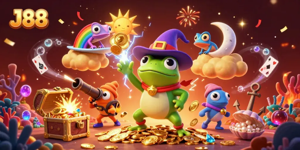 Activate your J88 luck amidst a storm of golden coins and vibrant characters in this thrilling casino scene.