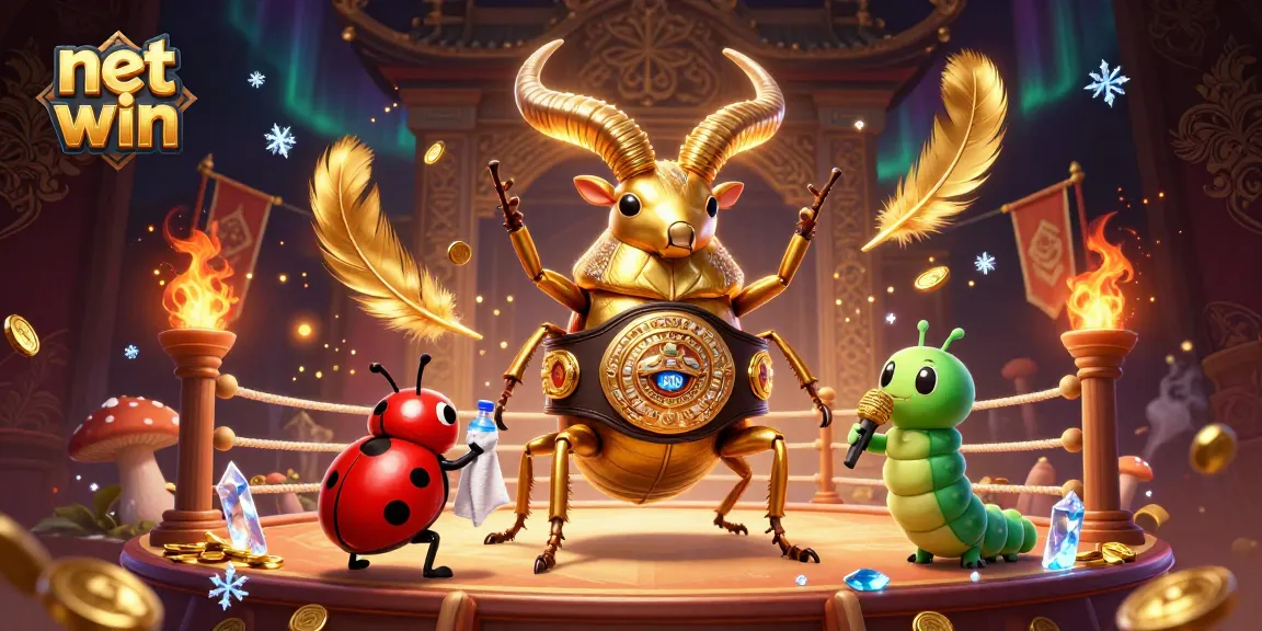 Conquer the gaming realm with net win: vibrant illustration of a golden stag beetle in a boxing match.