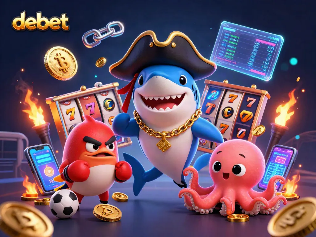 Bet on debet with an exciting 3D illustration featuring a pirate shark, pufferfish, and octopus amidst vibrant casino elements.