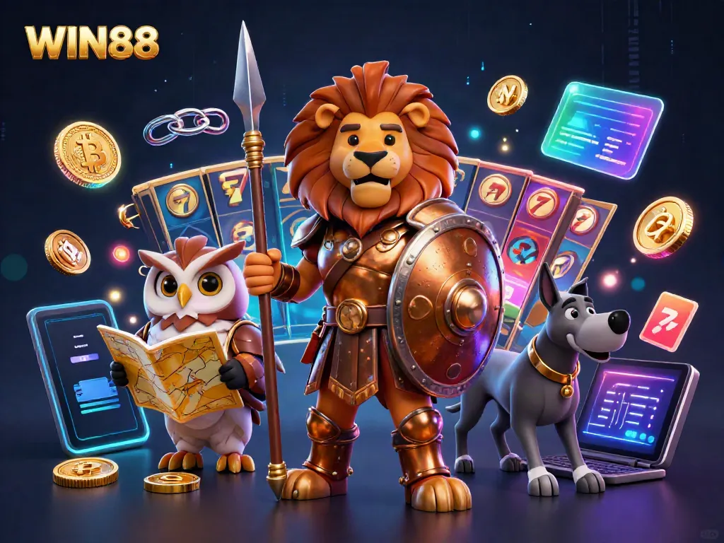 Experience thrilling WIN88 gameplay with a Spartan lion, owl strategist, and greyhound messenger in dynamic casino illustration.