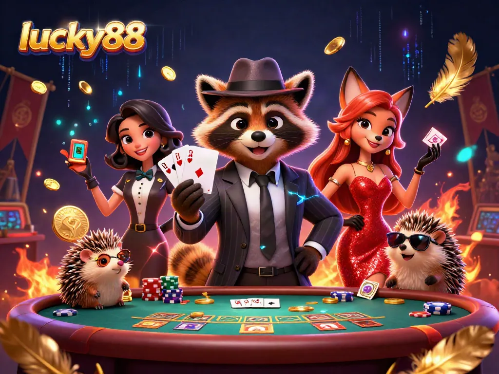 Experience thrilling gameplay at lucky88 with a cartoon raccoon showcasing a royal flush in a vibrant casino scene.