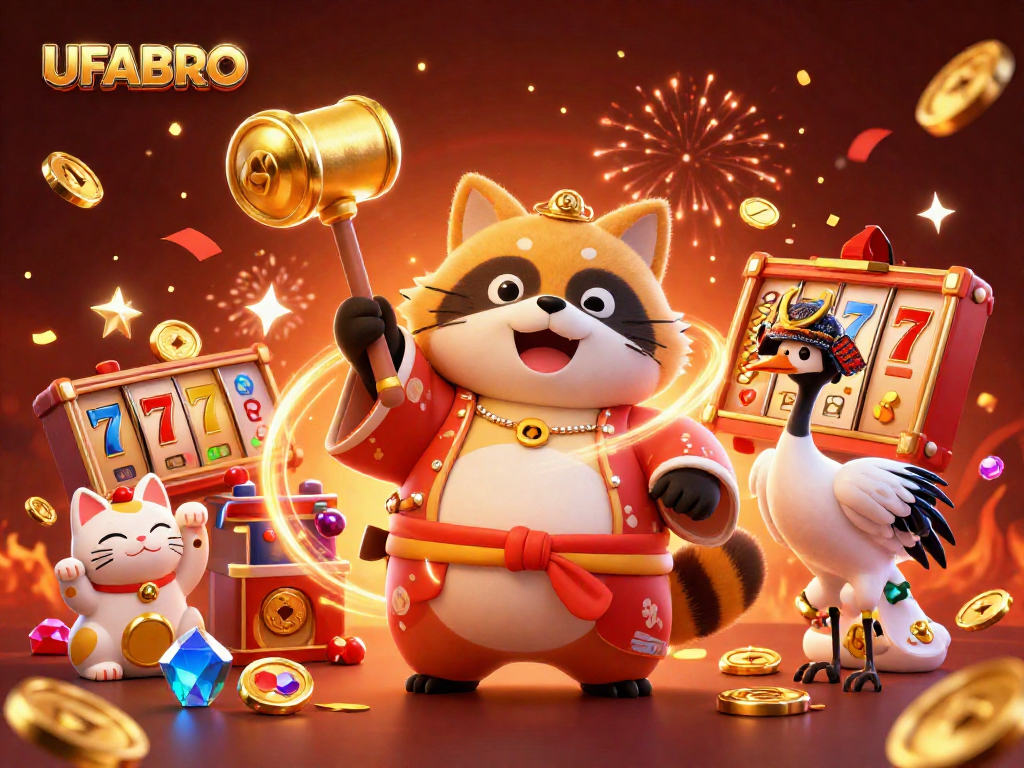 Experience thrilling wins with UFABRO's vibrant casino scene filled with slots and fortune cats.