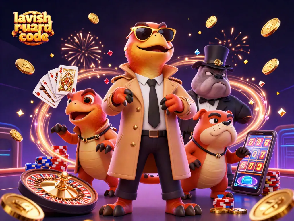 Experience Lavish Luck reward code promotions with a humorous raptor scene amidst casino elements.