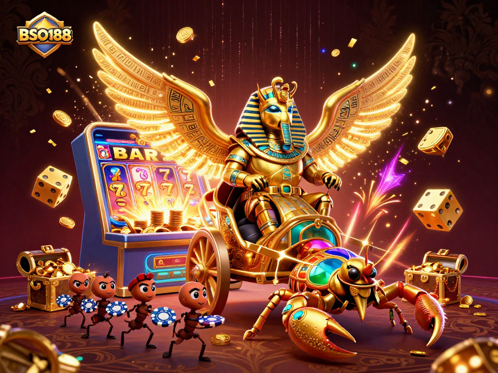 Engage with BSO188's dynamic casino experience featuring a golden scarab, scorpions, and vibrant gaming elements.