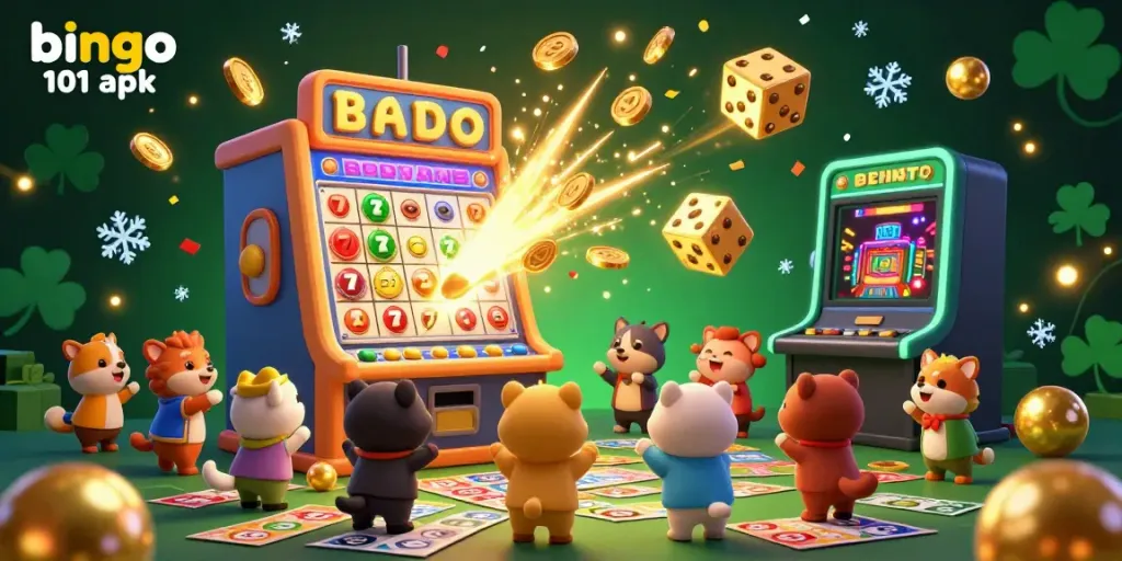 Engage with bingo 101 apk in a vibrant 3D scene featuring a bingo machine and excited players.