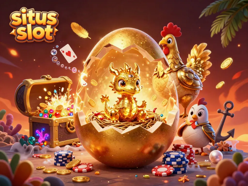 Experience the excitement of situs slot with a 3D illustration featuring a golden dragon and abundant rewards.