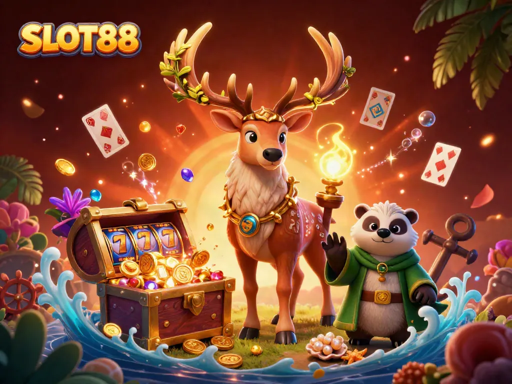 Experience SLOT88 with a dynamic scene featuring fantasy characters and animated slot game elements.
