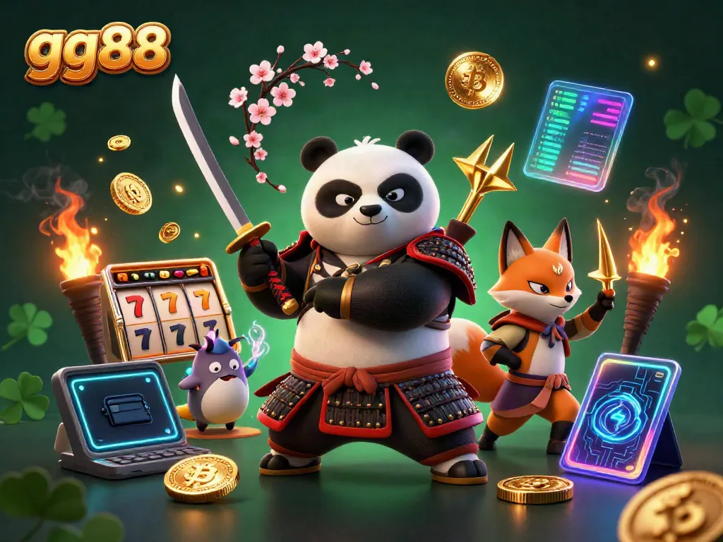 Experience the thrill of gg88 with a dynamic scene featuring a samurai panda, ninja fox, and magical tanuki amidst vibrant casino game elements.