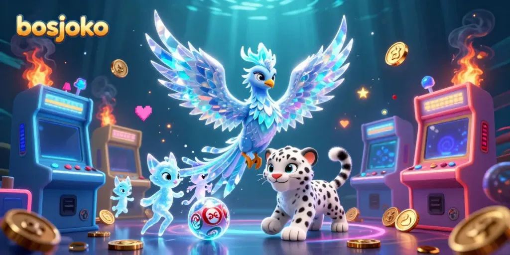 Bosjoko illuminates the online lottery scene with a vibrant 3D phoenix, playful snow leopard, and glowing sprites.