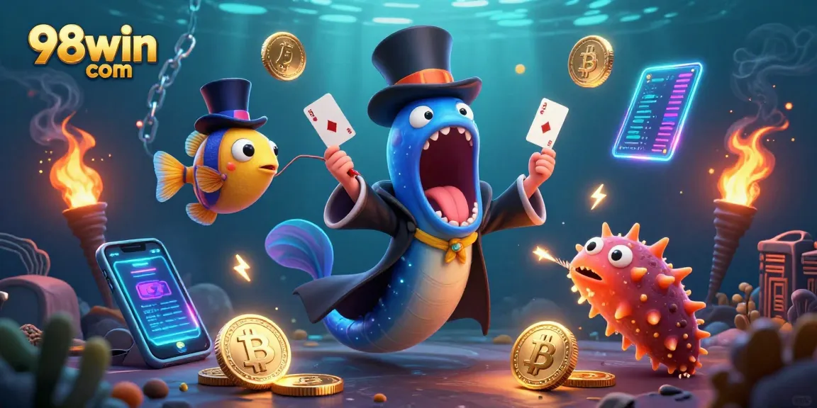 Engage with 98win com's vibrant deep-sea casino scene depicting thrilling card tricks and crypto gaming.