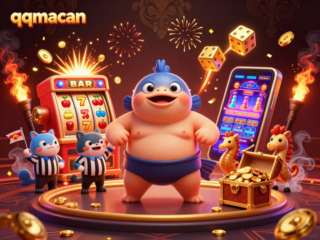 Experience the thrilling play at qqmacan with vibrant characters and a jackpot explosion in an underwater casino scene.