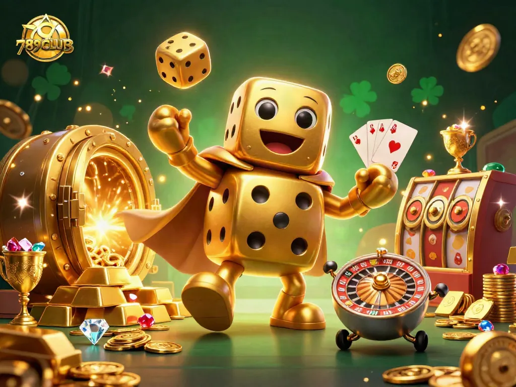 Engage with 789CLUB in a vibrant 3D casino scene featuring a golden dice golem and classic slots.