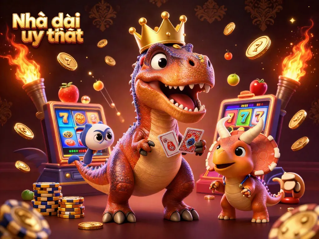 Engage in thrilling slots at Nhà cái uy tín, featuring fun cartoon dinosaurs in a colorful casino scene.