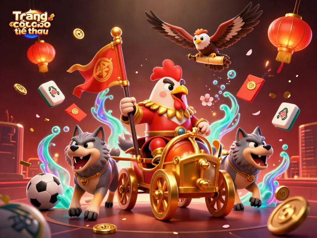 Engage in Trang cá cược thể thao with a dynamic 3D illustration of a rooster warlord leading a betting scene.