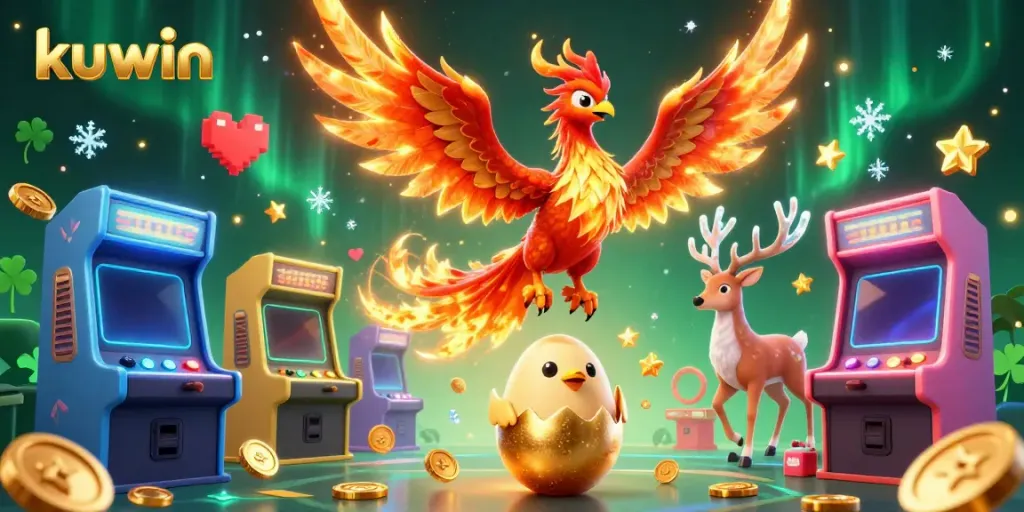 Kuwin features an ultra-detailed 3D rendering of a vibrant phoenix and supporting characters amidst a colorful gaming atmosphere.