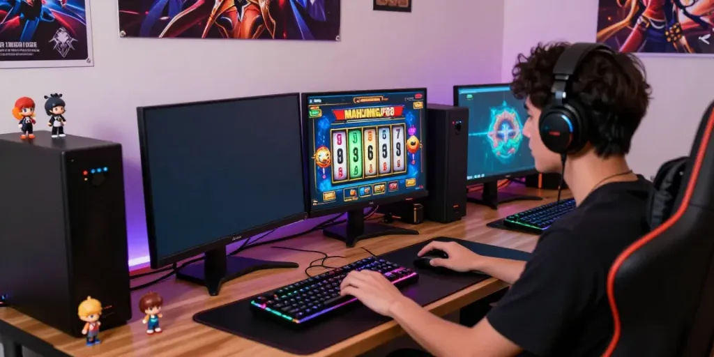 Player enjoying Slot MAHJONGJP88 in a vibrant home gaming setup