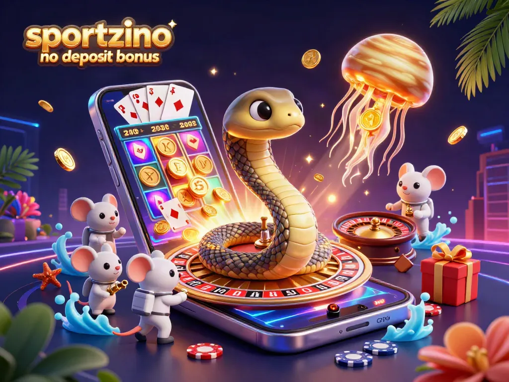 Experience the sportzino no deposit bonus with vibrant casino elements, gold coins, and exciting gameplay.