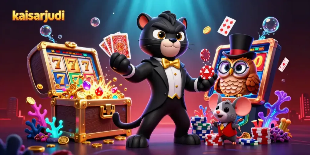 Experience thrilling gaming with kaisarjudi characters in a vibrant casino scene filled with excitement.