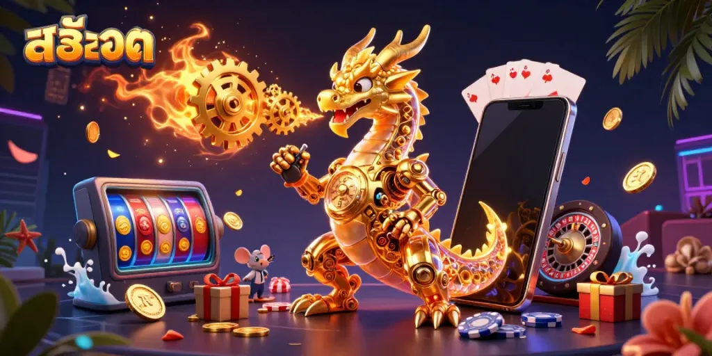 Experience thrilling สล็อต gameplay with a golden dragon and engaging casino elements in vibrant 3D.