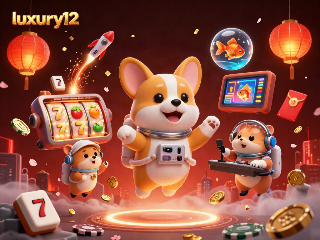 Engage with luxury12's vibrant casino scene featuring a floating corgi and immersive gaming elements.