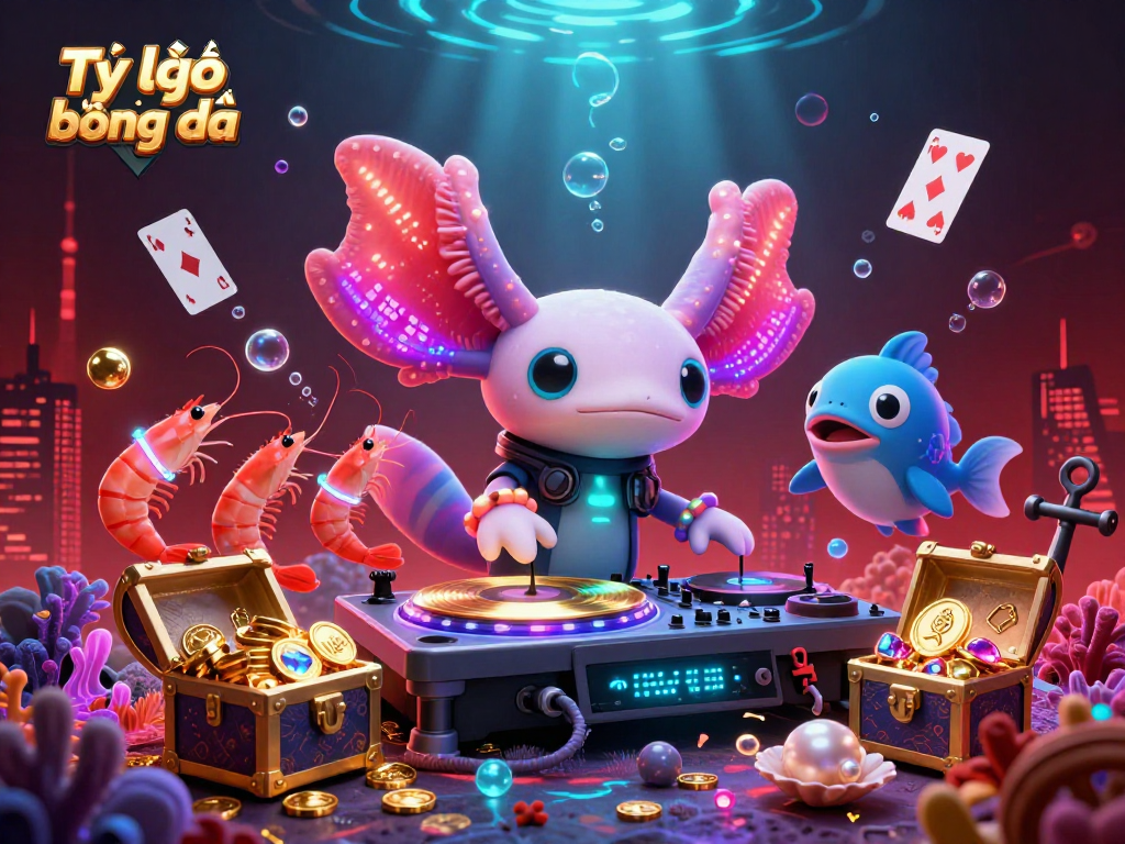 Experience the vibrant Tỷ lệ bóng đá scene featuring a neon axolotl DJ with underwater treasure bursts.