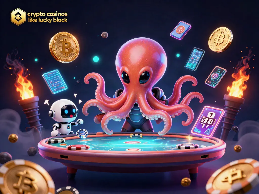 Experience the thrill of crypto casinos like Lucky Block with alien characters playing poker among glowing coins.