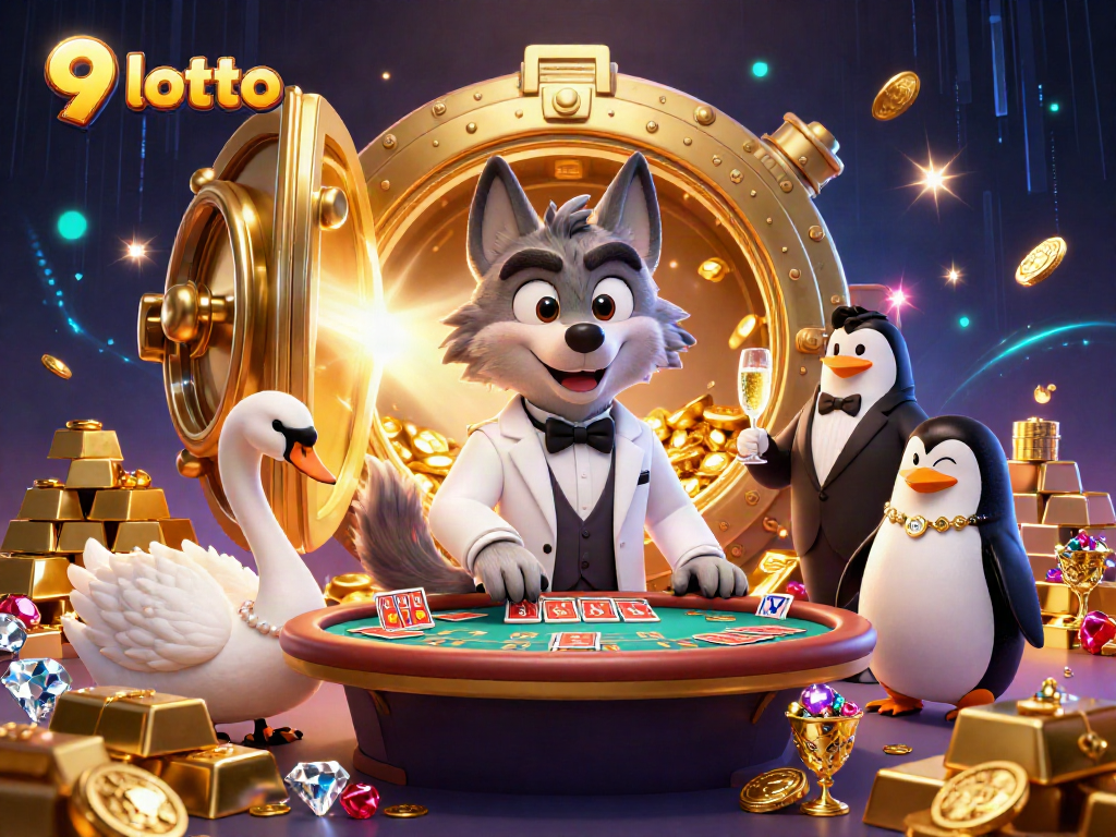 Experience thrilling moments with 9 lotto as a debonair wolf plays baccarat amidst wealth and glamour.