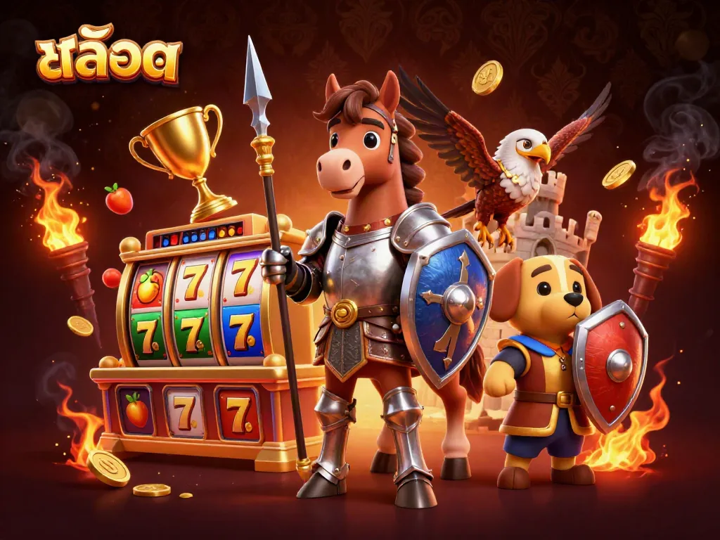 เกมสล็อต สล็อตในคาสิโนโดยมีสัญลักษณ์โชคดีและเหรียญทองไหลรอบตัวละคร.