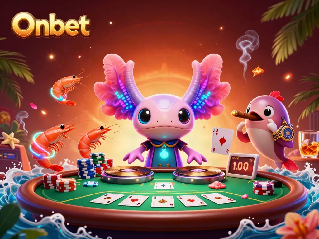 Experience the thrill of Onbet casino with a vibrant scene featuring an axolotl DJ and poker elements.