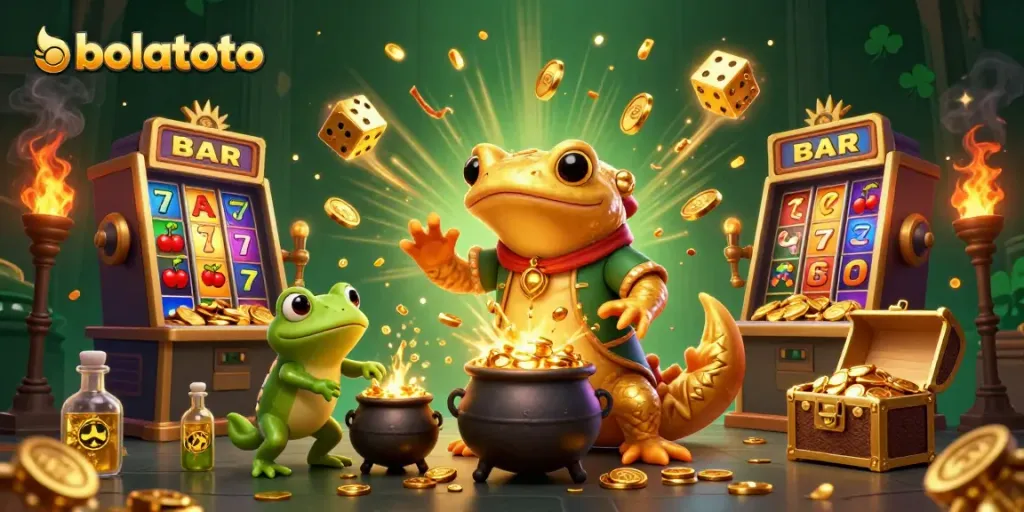 Experience the thrill of bolatoto in this dynamic, 3D casino scene with vibrant gold elements.