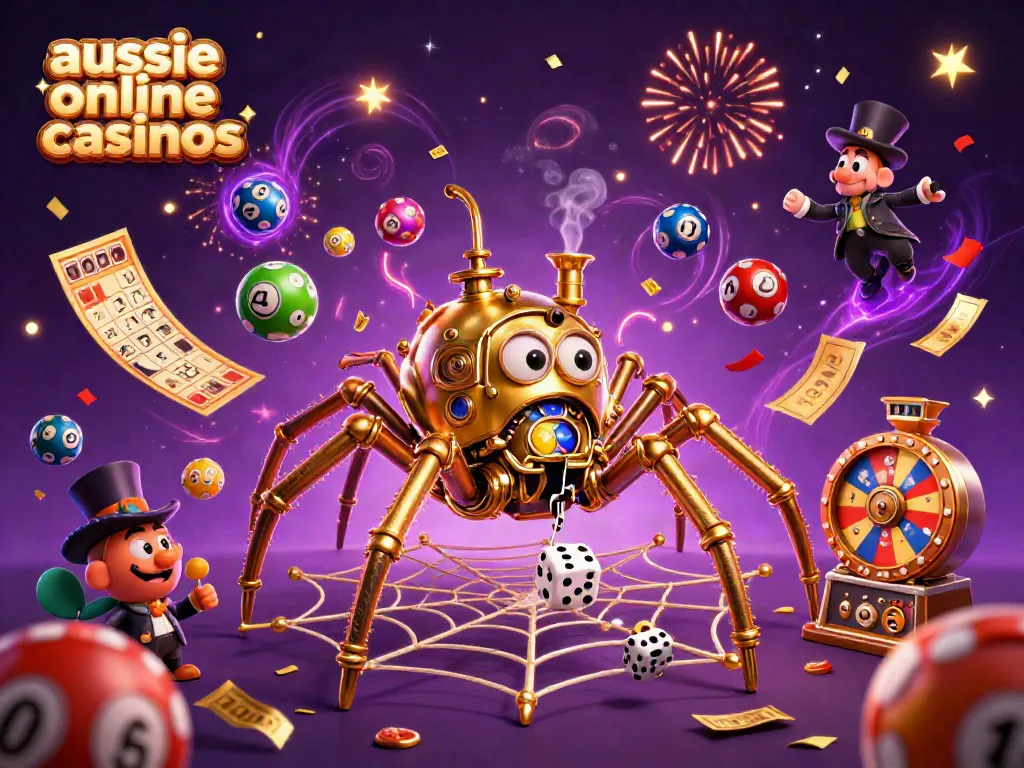 Aussie online casinos scene featuring a golden spider, colorful lottery elements, and a fly gentleman caught in a web.