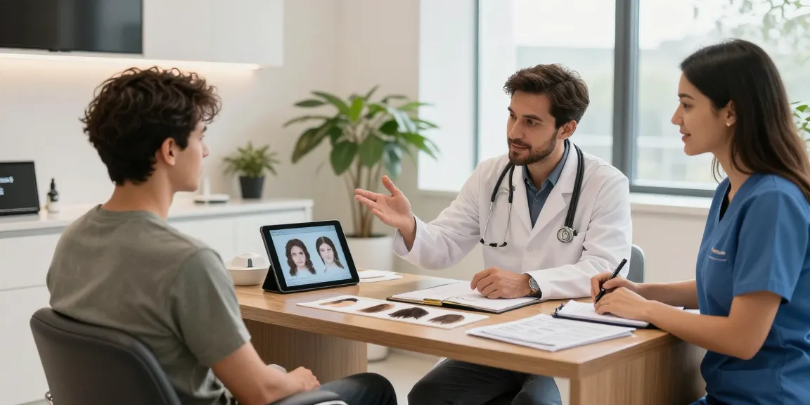 Hair transplant Turkey consultation with dermatologist discussing options in a modern clinic setting