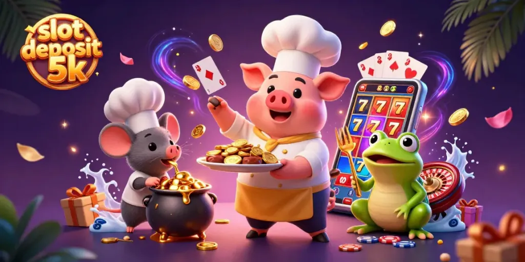 Experience thrilling gaming with slot deposit 5k, featuring a chef pig, sous-chef mouse, and food critic frog.