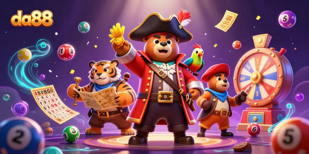Engage with da88's vibrant gaming experience featuring colorful lottery elements and captivating characters.