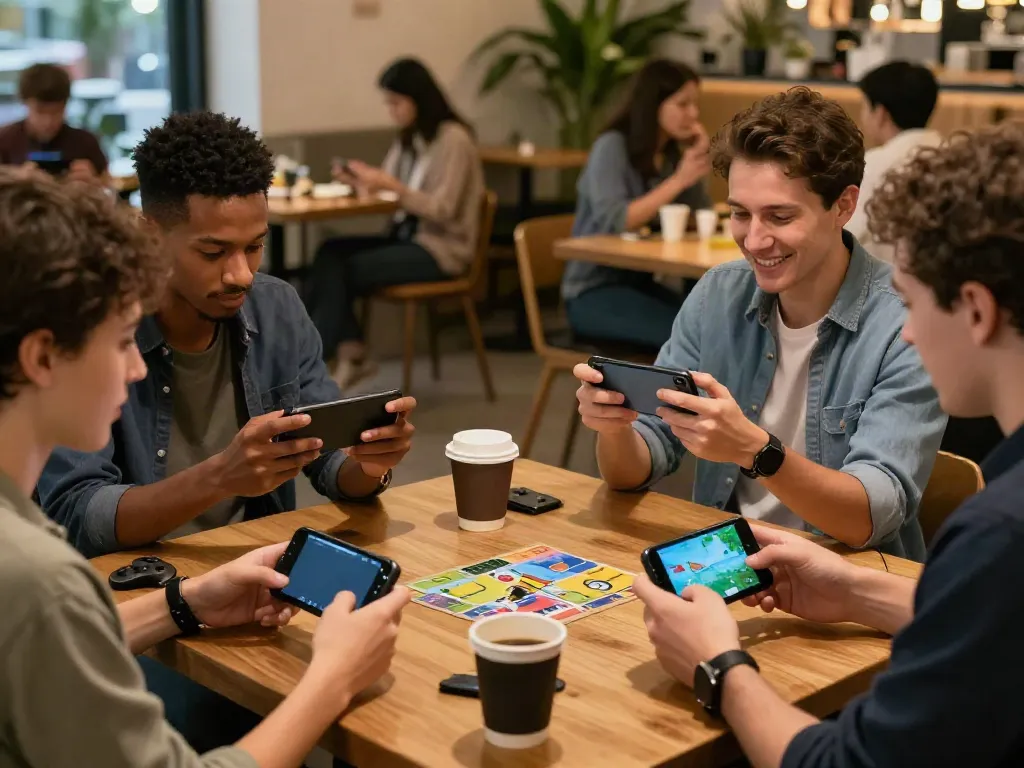 Engaged adults playing yono games on smartphones at a cozy café.
