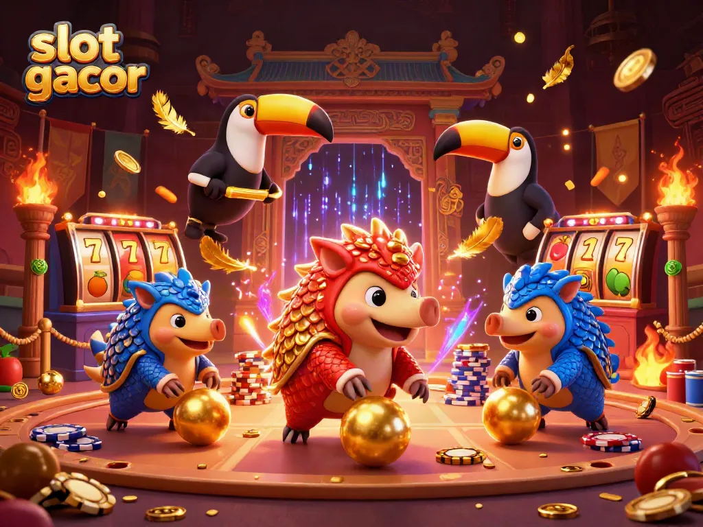 Gambarkan slot gacor dengan dua pangolin bertarung di antara koin emas dan simbol buah.