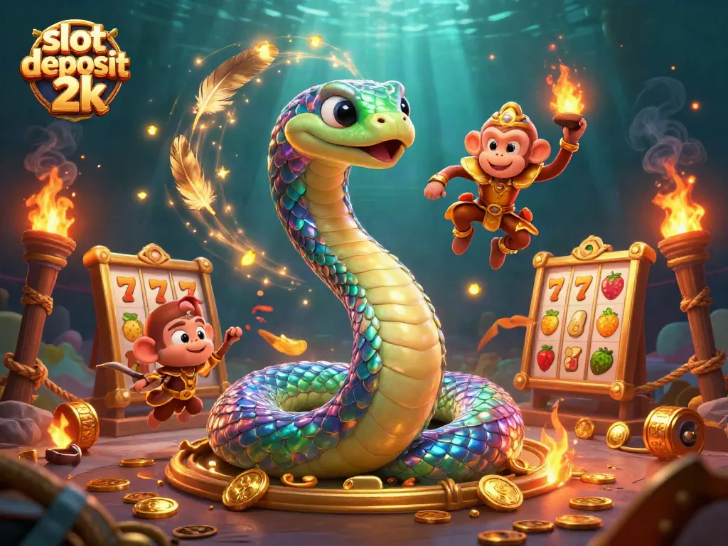 Spin the reels with excitement at slot deposit 2k, featuring a vibrant casino scene of a playful monkey king and a majestic serpent.