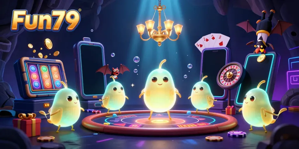 Experience the excitement at Fun79 with vibrant games and enchanting characters in a lively casino scene.