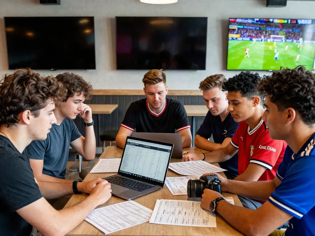WWBOLA sports betting gathering with friends analyzing match statistics.
