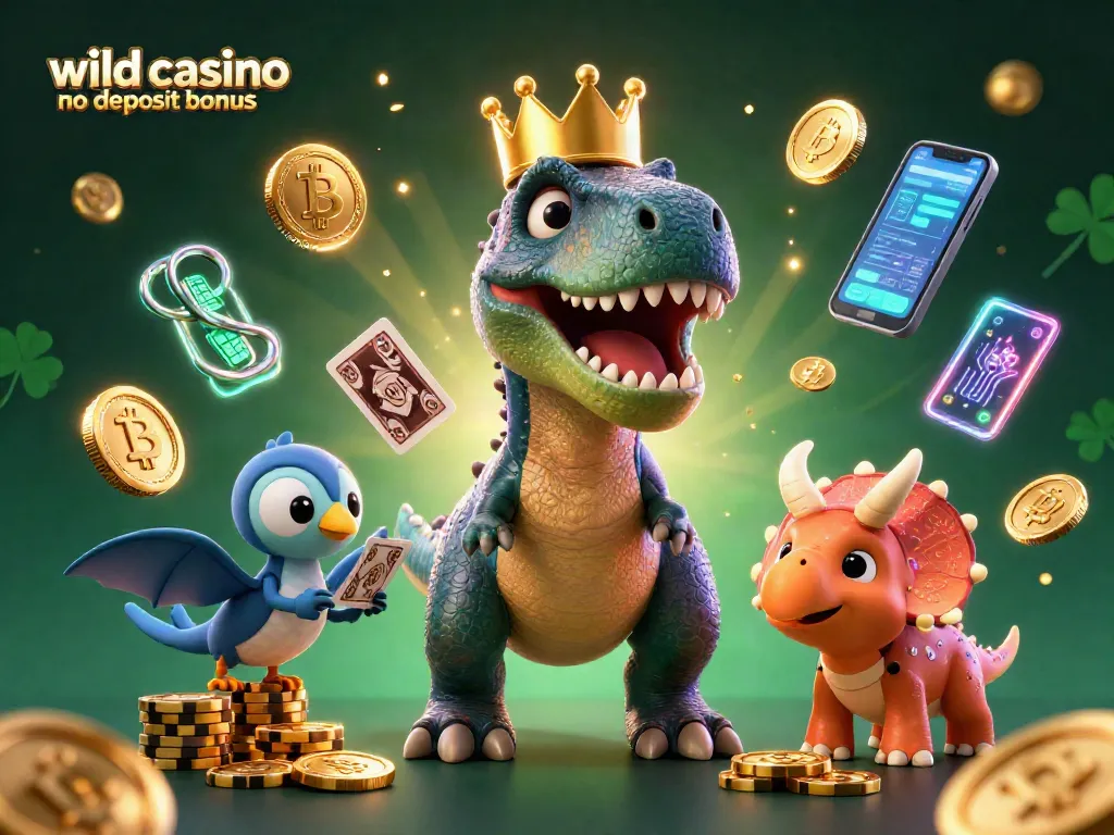 Experience the wild casino no deposit bonus with T-Rex shuffling cards and triceratops stacking chips in 3D illustration.