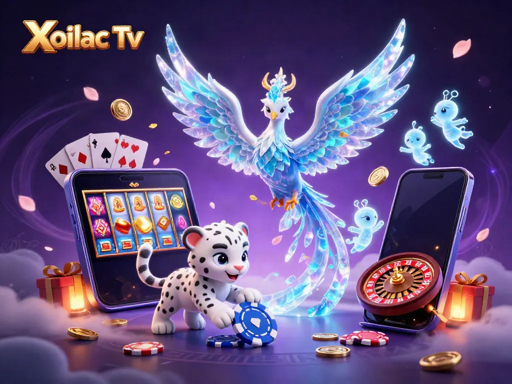 Experience thrilling plays with Xoilac Tv showcasing vibrant 3D characters in a colorful gambling scene.