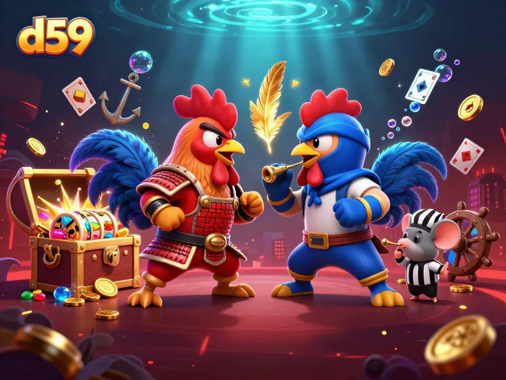 Engage in thrilling casino action with d59 as fighting roosters meet under a dynamic slot-themed arena!